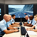 **Prompt:** A diverse team of focused professionals in a modern command center, calmly managing a simulated high-pressure crisis. The scene emphasizes their psychological resilience, clear communication, and defined roles within the team, reflecting successful crisis training and human factor strength.